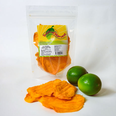 150g pack of Australian dried mango lime with dried mango slices and fresh limes
