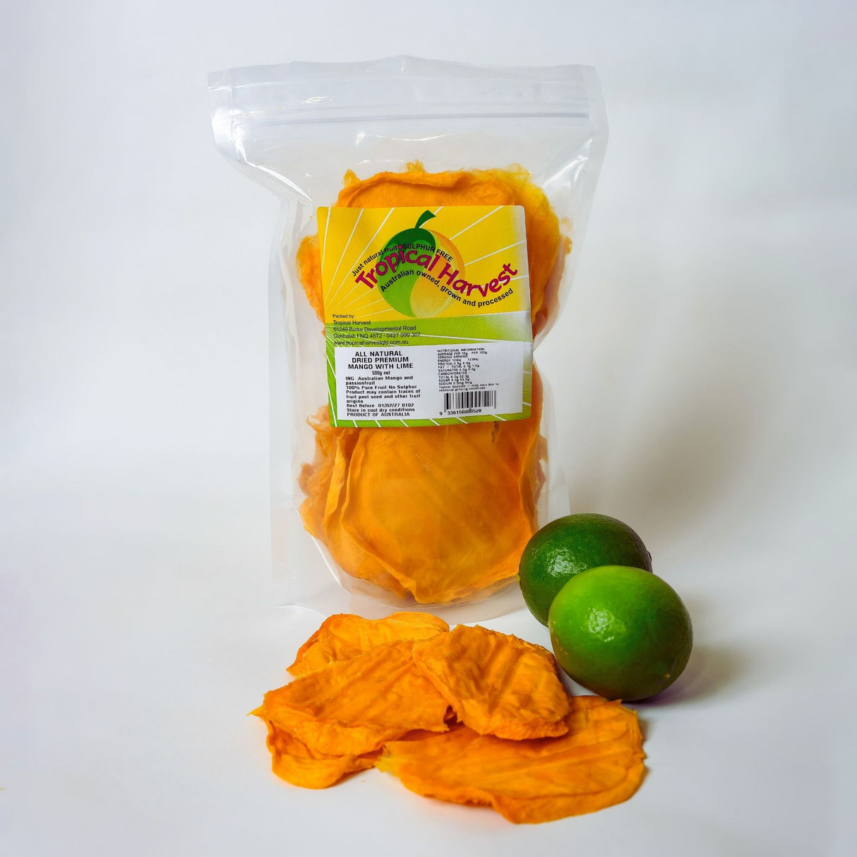 500g family pack of Australian dried mango lime with mango slices and fresh limes