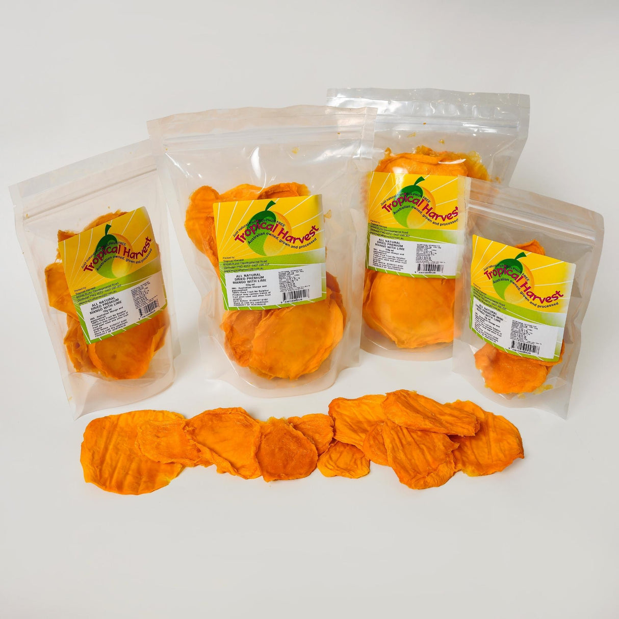 Australian dried mango lime pack sizes including 70g 150g 350g and 500g bags