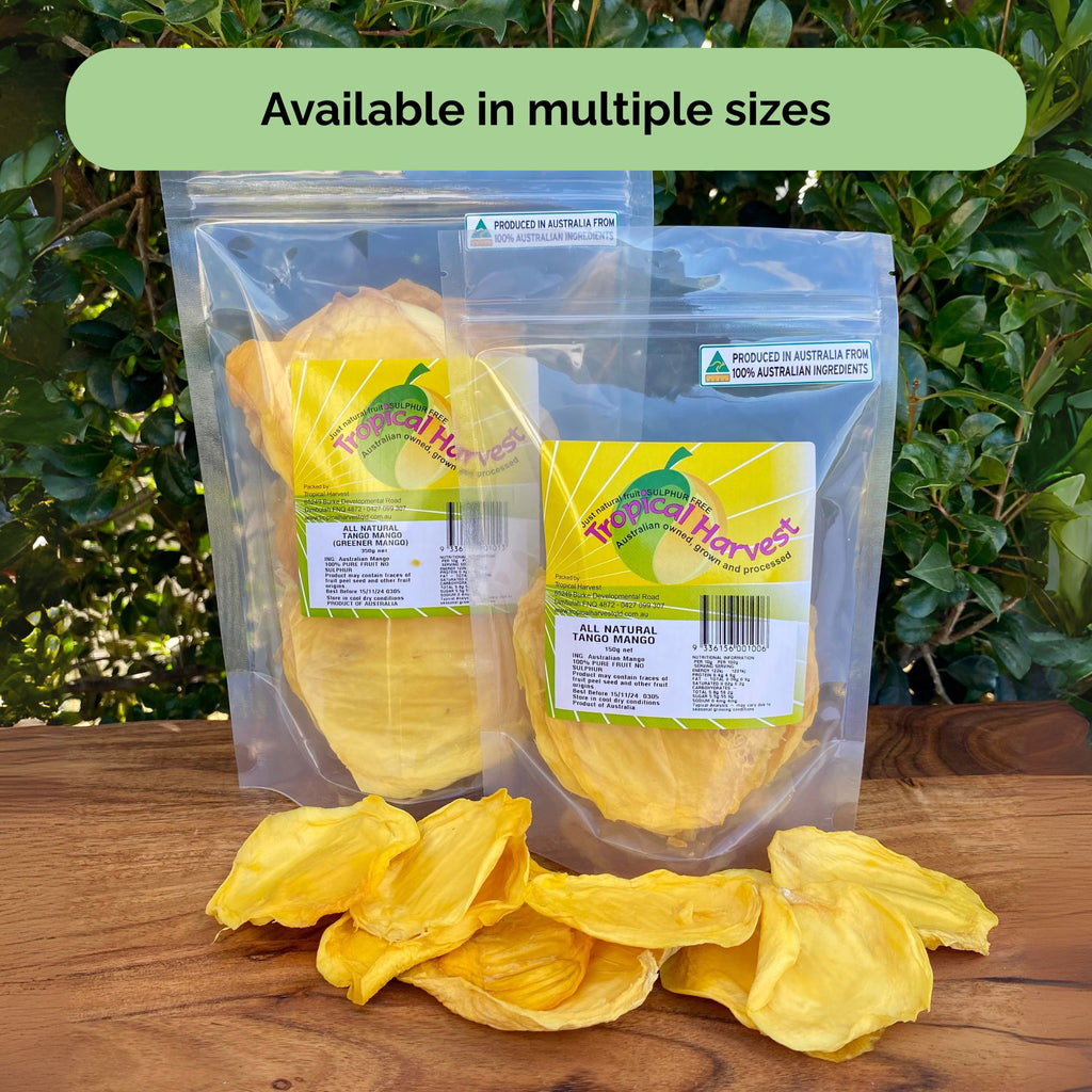 Two resealable packs of Tropical Harvest dried mango – one Green Mango and one Tango Mango – displayed with loose mango pieces, showing available size options.