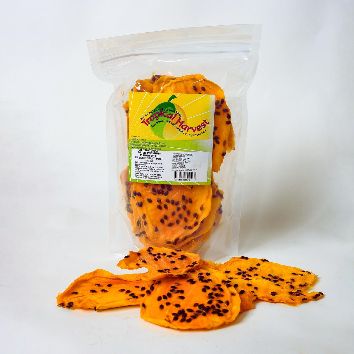 500g Australian dried mango with passionfruit pulp – value size pack, no added sugar or preservatives.