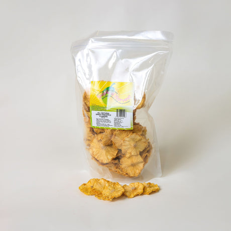 500g pack of Australian dried pineapple flowers showing natural round dried pineapple slices