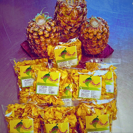 Australian dried pineapple made from fresh whole pineapples with Tropical Harvest packaging