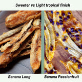 Comparison of plain dried banana and passionfruit dried banana showing flavor and texture difference