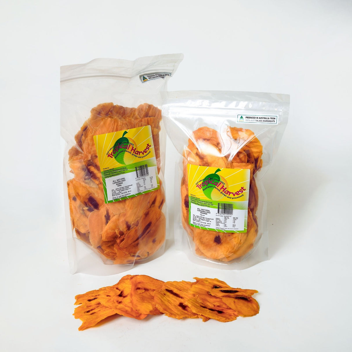 Australian caramelised dried mango available in 1kg and 500g packs with naturally caramelised mango slices.