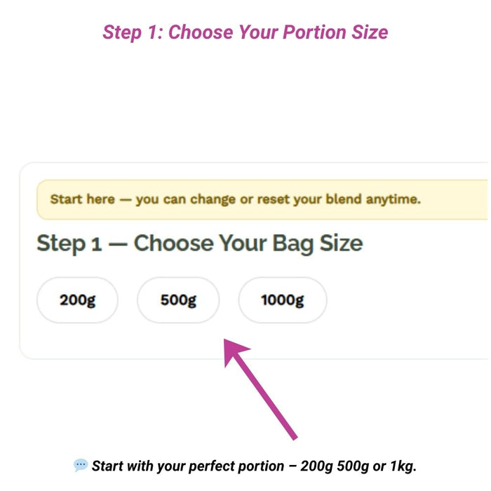 Choose your dried fruit blend bag size – 200g, 500g, or 1kg portion options
