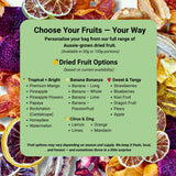 Fruit options available for a custom dried fruit blend, including mango, pineapple, banana, citrus and seasonal varieties