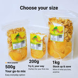 Custom dried fruit mix available in 200g, 500g and 1kg sizes with example personalised blend