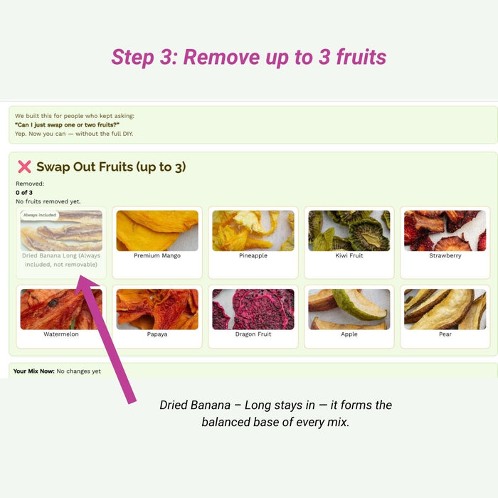 Removing up to three fruits from a Mix & Match dried fruit blend during customisation