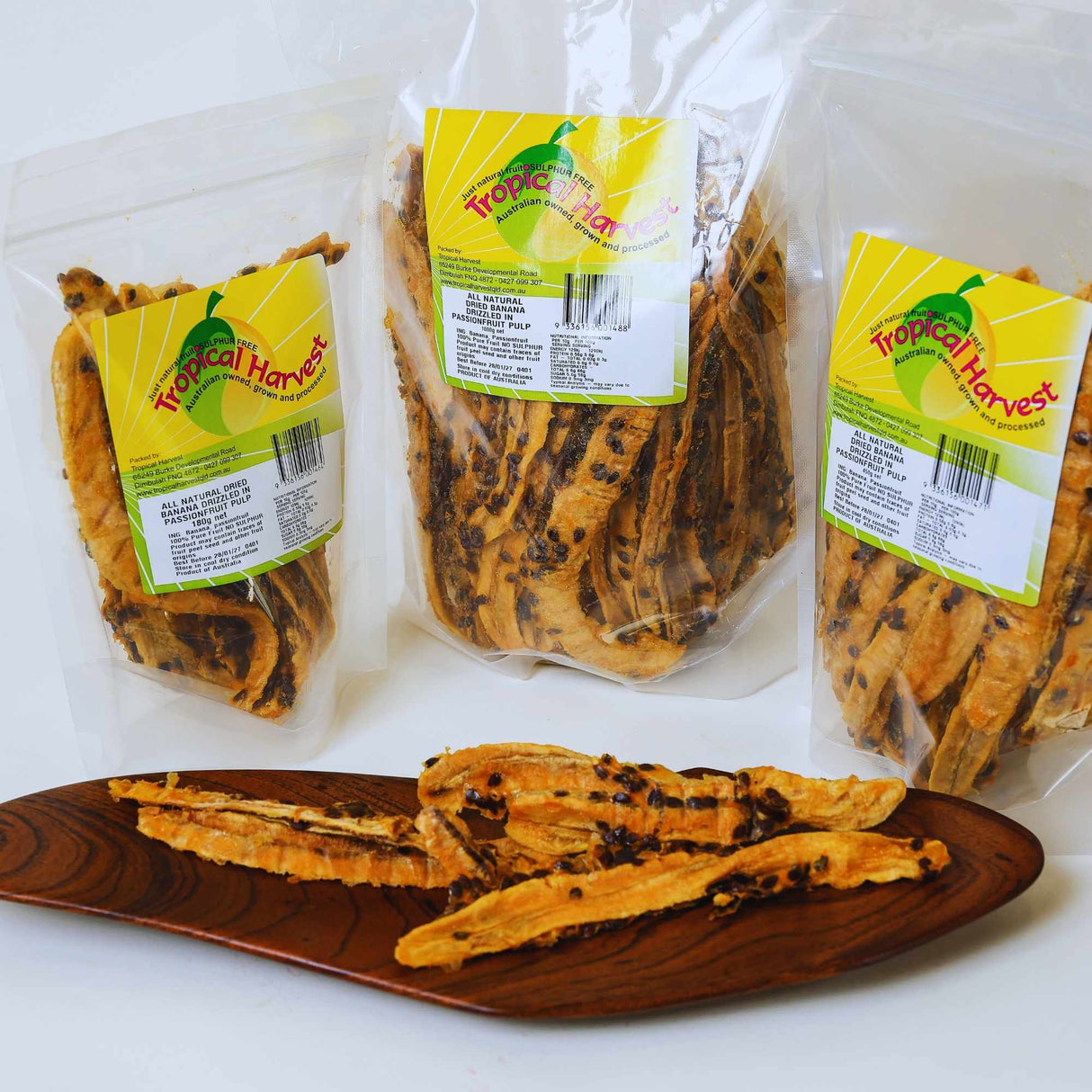 Dried banana passionfruit available in 180g 450g and 1kg packs for different snacking needs