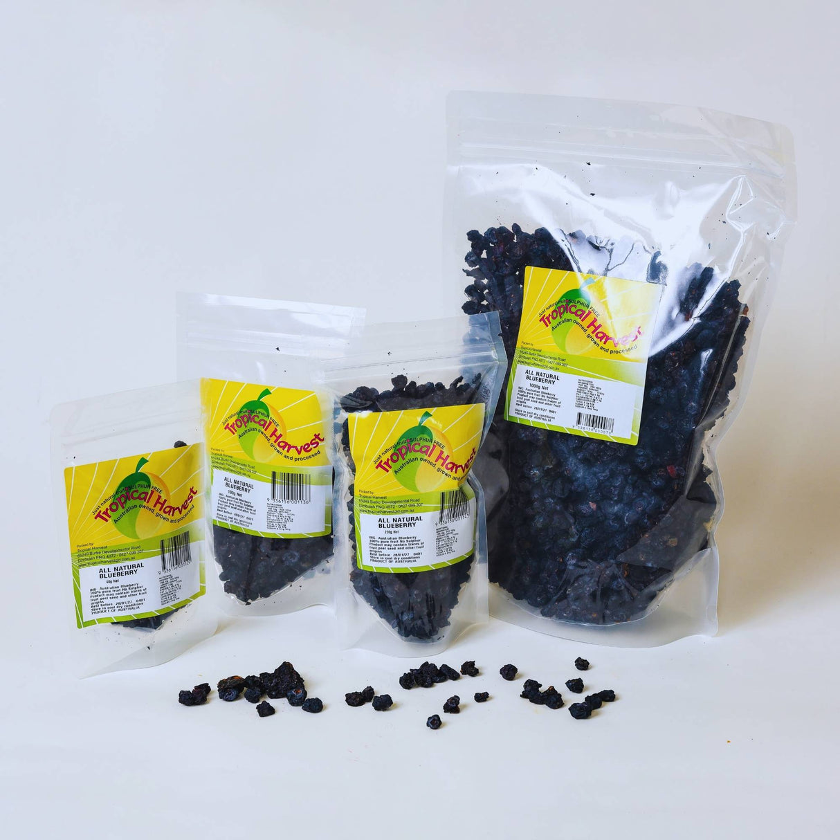 Dried blueberries available in 40g 100g 230g and 1kg packs for snacking and baking