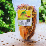 500g dried fruit mix pack shown outdoors with real fruit pieces visible inside the bag