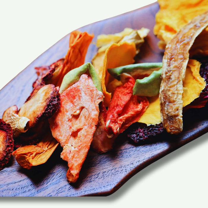 Premium dried fruit mix with mango, banana, strawberry, pineapple and mixed fruits close up