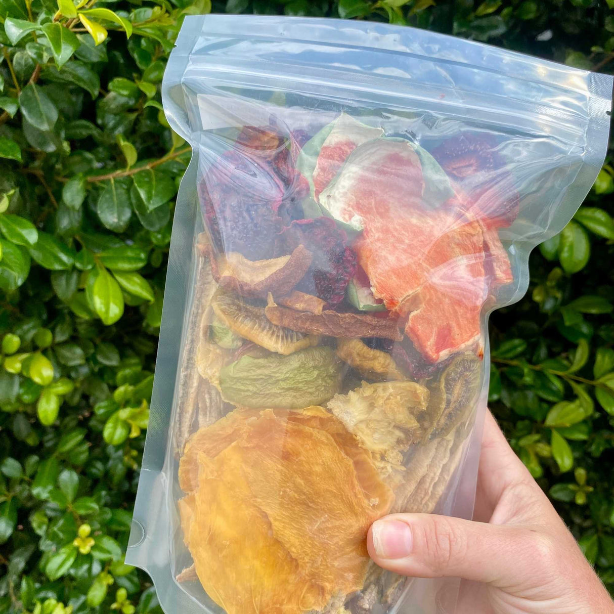Dried fruit mix bag held in hand showing natural fruit pieces with no added sugar or preservatives