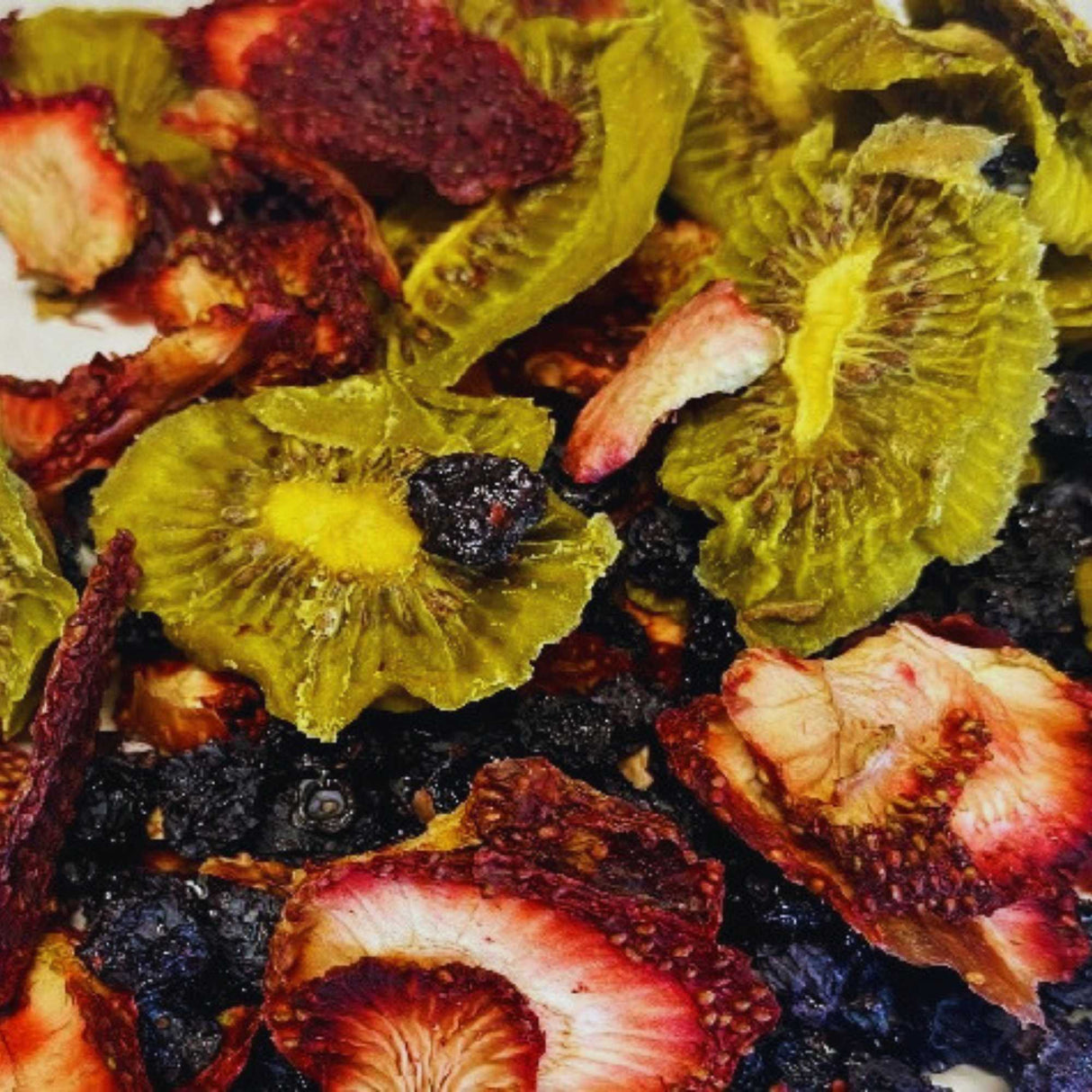 Close-up of dried fruit mix showing kiwi strawberry and blueberry pieces with natural color and texture