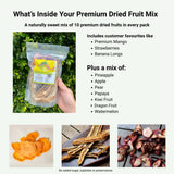 Dried fruit mix ingredients showing mango banana strawberry apple pear kiwi dragon fruit pineapple and more