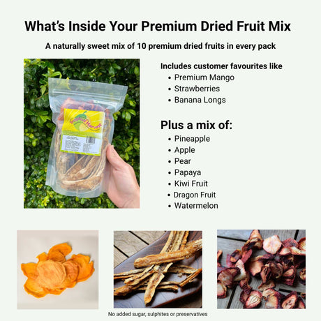Dried fruit mix ingredients showing mango banana strawberry apple pear kiwi dragon fruit pineapple and more