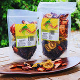 Dried fruit mix in 230g and 500g packs displayed outdoors showing natural snack product