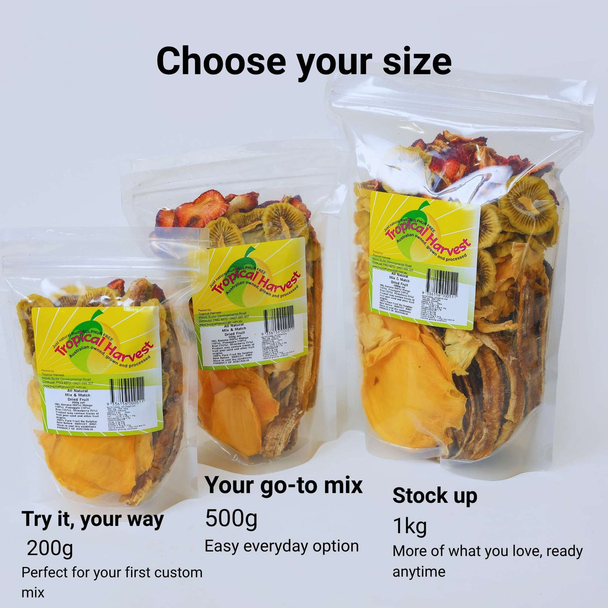 Custom dried fruit mix available in 200g, 500g and 1kg sizes with personalised fruit selection