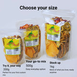 Custom dried fruit mix available in 200g, 500g and 1kg sizes with personalised fruit selection