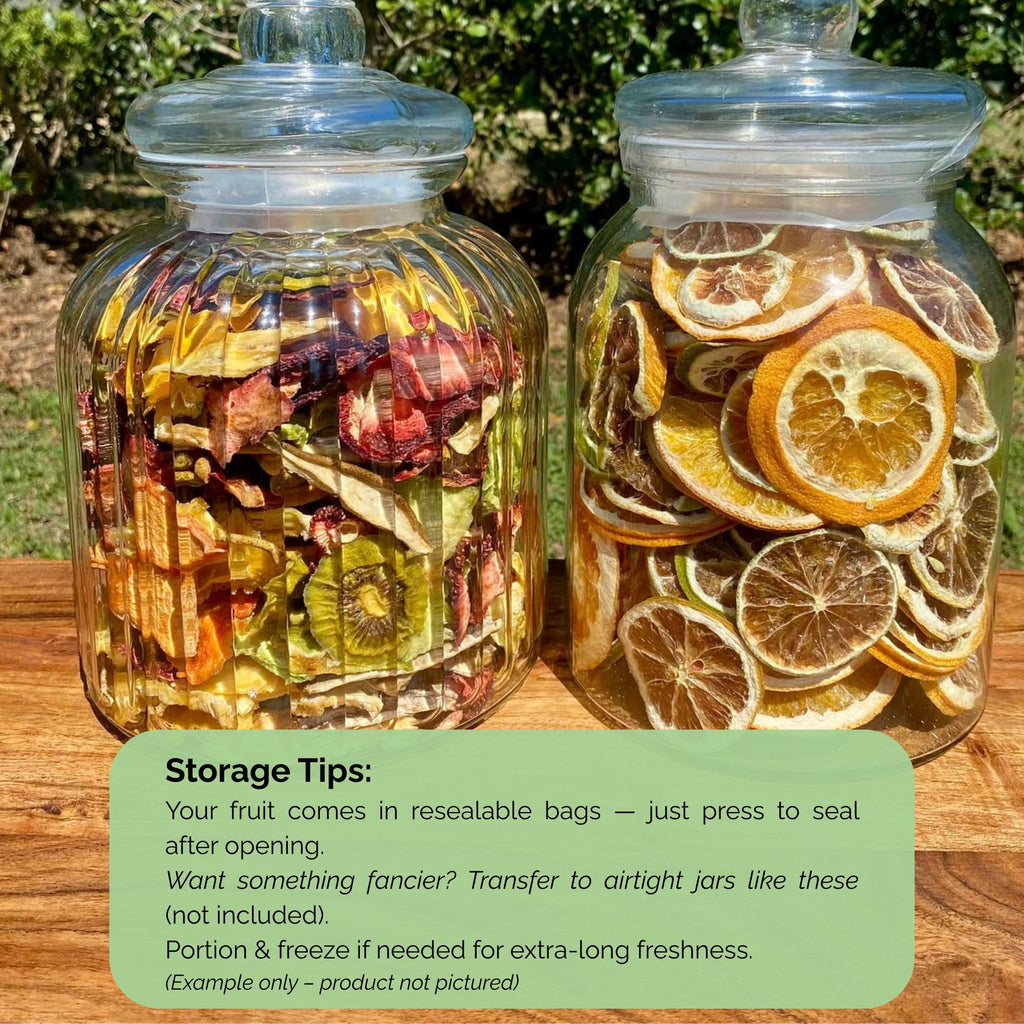 Storage tips for dried fruit in resealable bags – shown with dried fruit in decorative airtight jars (example only)