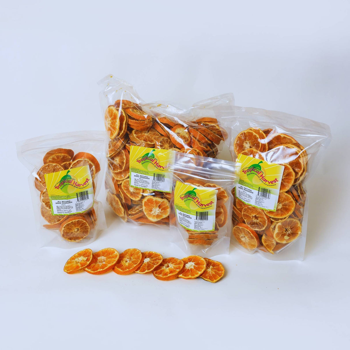 Dried mandarin slices available in 70g 150g 350g and 1kg packs for snacks and recipes