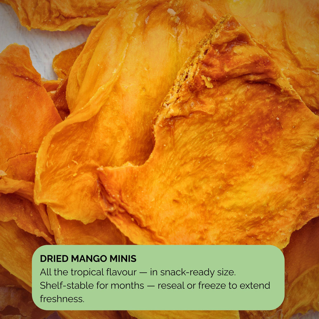 Close-up of dried mango minis highlighting the rich texture and golden-orange colour of the fruit slices. Includes a text overlay describing shelf-stable, snack-ready size and freshness benefits.