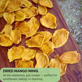 Top-down view of dried mango minis spread on a wooden board with text overlay describing their snack-sized convenience — ideal for lunchboxes, baking, or on-the-go snacking.