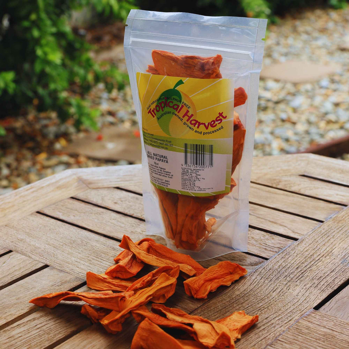 Dried papaya snack pack outdoors showing ready to eat fruit snack Australia