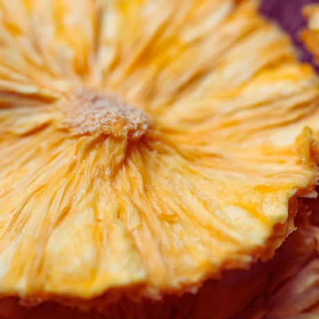 Close-up texture of a dried pineapple flower slice showing natural fibre and slow-dried pineapple structure