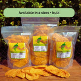 Three Tropical Harvest dried mango packs on display in 2x500g, and 1kg size with label visible – caption reads ‘Available in 2 sizes + bulk’

