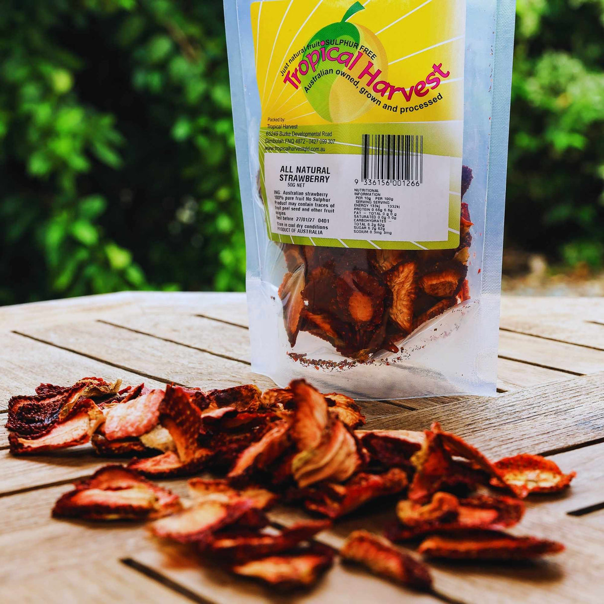 Dried strawberries snack pack outdoors showing ready to eat fruit snack Australia