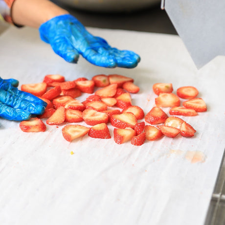Fresh strawberries being sliced for drying showing preparation process