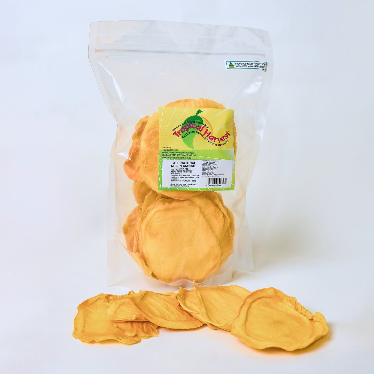 1kg pack of Green Australian dried mango with firm pale slices arranged in front.