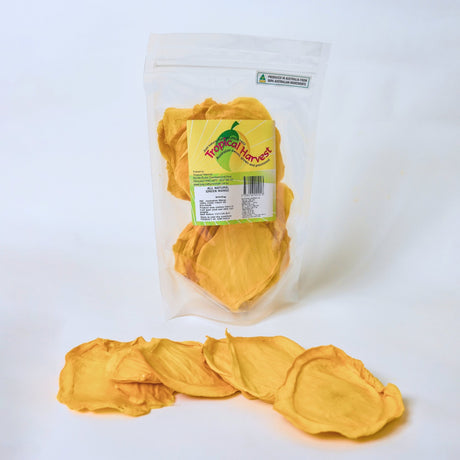 350g pack of Green Australian dried mango showing naturally pale and firm slices.