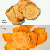 Comparison of Green Australian dried mango and Premium Australian dried mango showing differences in colour and grading.