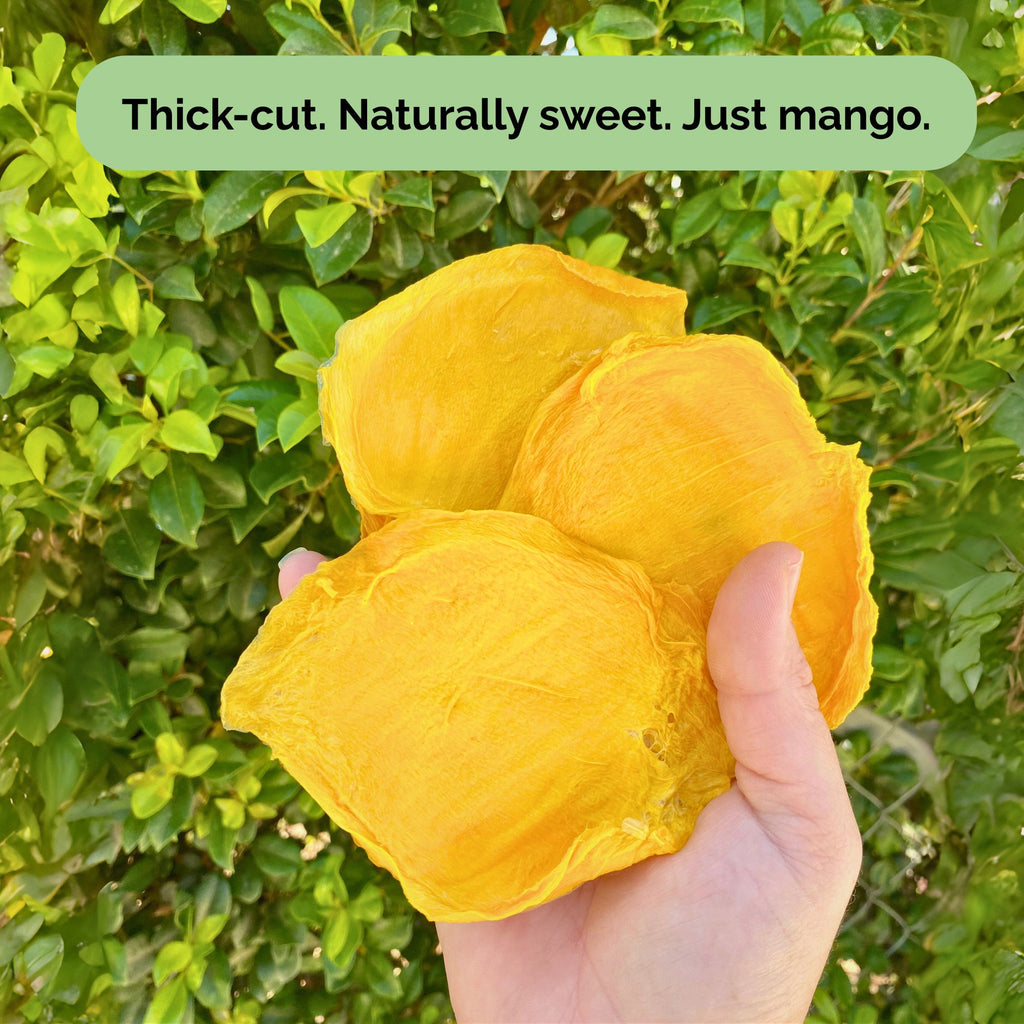 Hand holding three thick-cut dried mango cheek slices outdoors in front of green foliage background