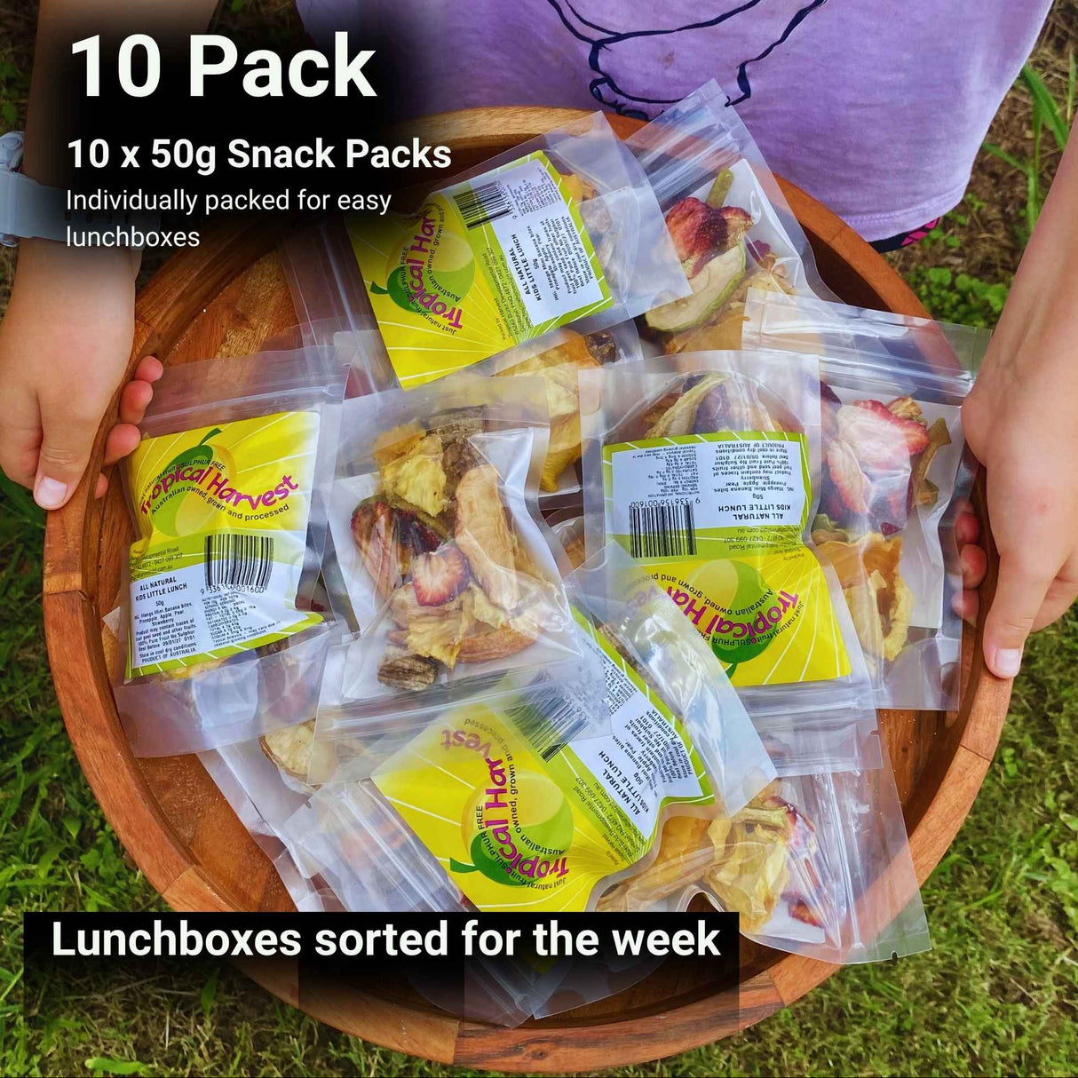10 pack of kids dried fruit snack packs with individually packed 50g portions for lunchboxes