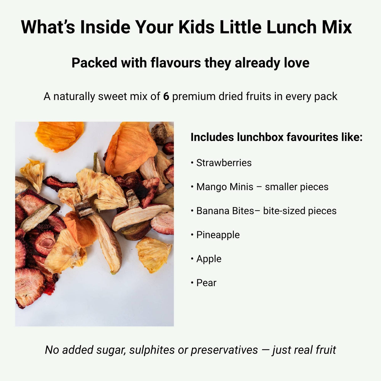 Kids dried fruit mix ingredients including mango minis banana bites strawberry pineapple apple and pear
