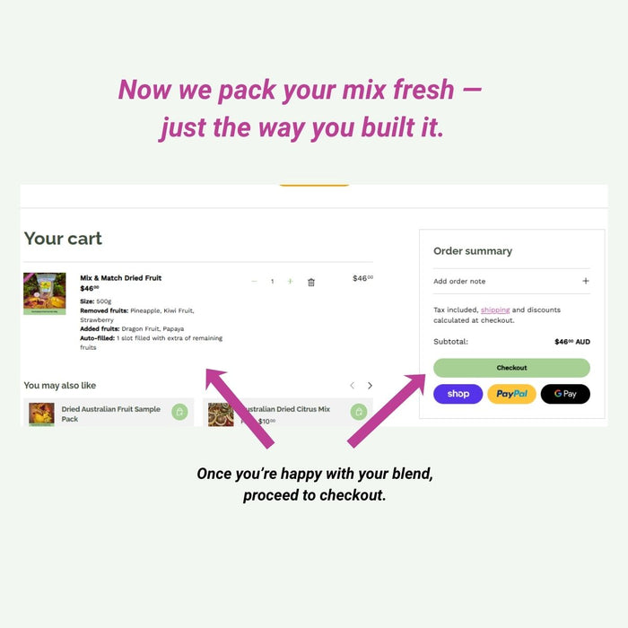 Cart page showing Mix & Match dried fruit blend ready for checkout and fresh packing