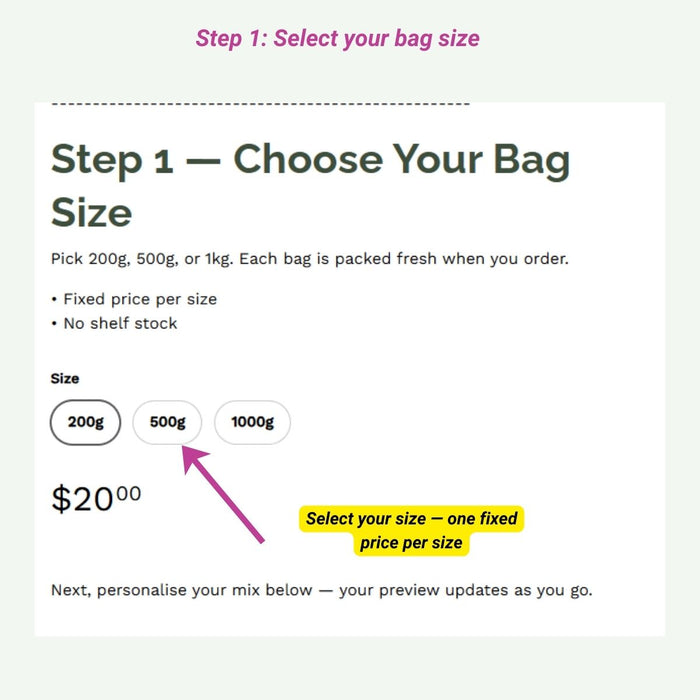 Step 1 of Mix & Match dried fruit – choose 200g, 500g or 1kg bag size before customising your blend