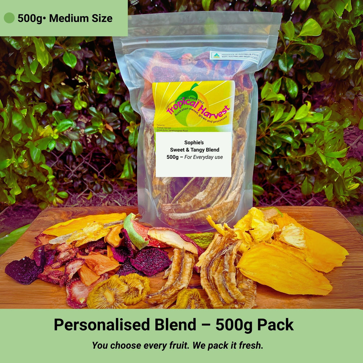 Medium 500g personalised dried fruit blend, made with Aussie-grown fruit and packed fresh