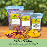 Comparison of personalised dried fruit blend pack sizes: 200g small pack, 500g medium pack and 1kg large pack