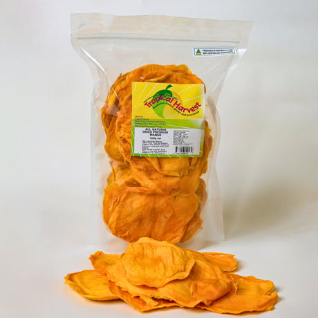Premium Australian dried mango 1kg bulk size bag with soft thick mango slices.