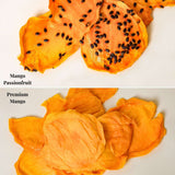 Comparison of premium Australian dried mango and mango with passionfruit pulp showing texture and colour difference.