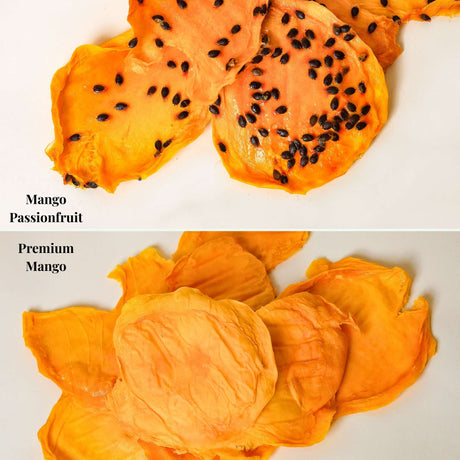 Comparison of premium Australian dried mango and mango with passionfruit pulp showing texture and colour difference.