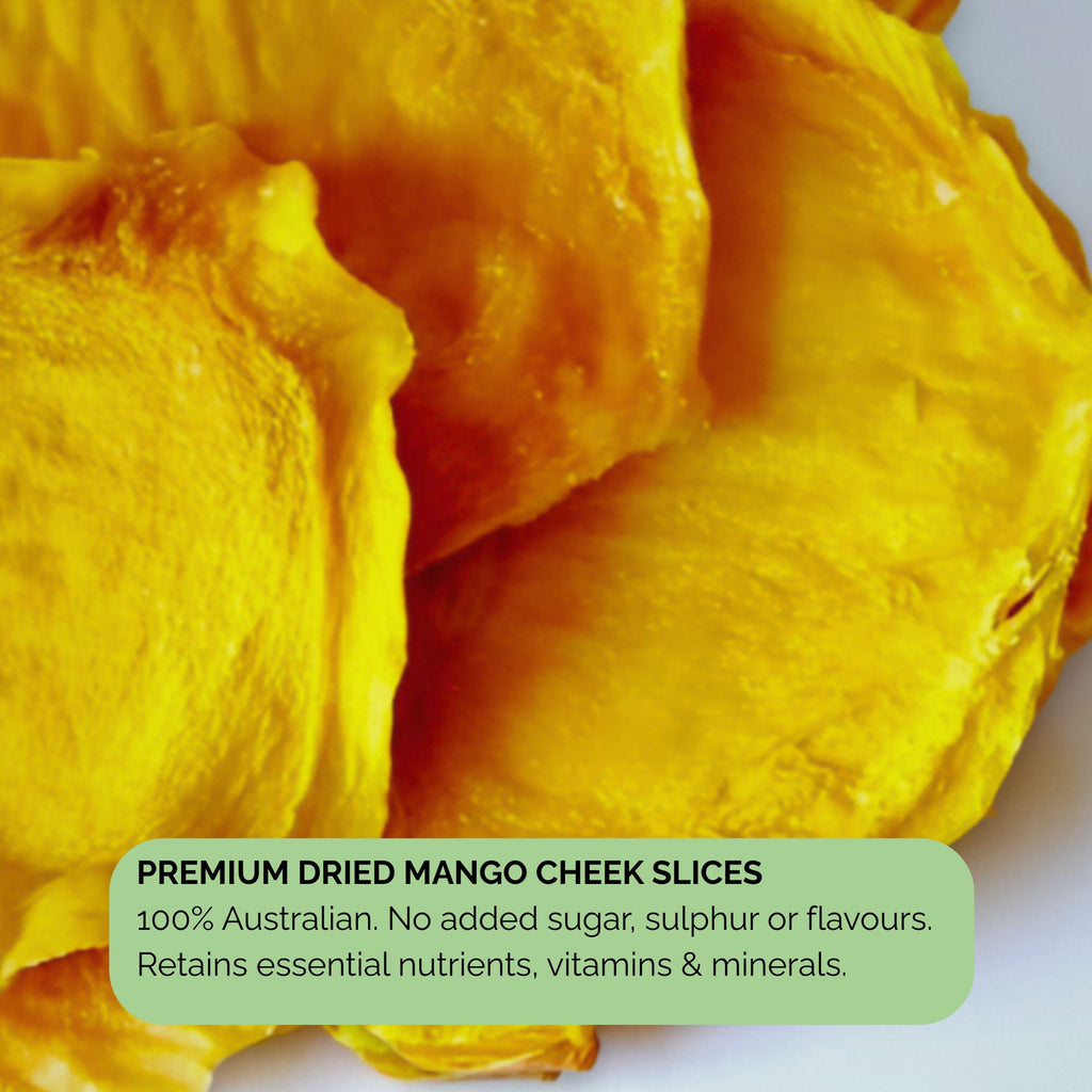 Dried mango cheek slices with text overlay highlighting no added sugar, sulphur or flavours, and nutrient retention