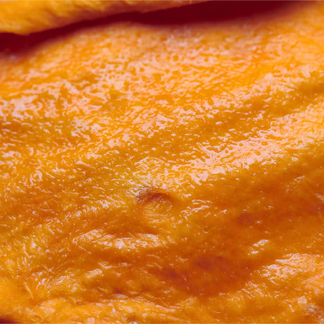 Extreme close-up of premium dried mango showing natural fruit texture and rich colour.