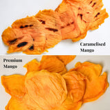 Comparison of premium Australian dried mango and caramelised dried mango showing colour and texture difference.