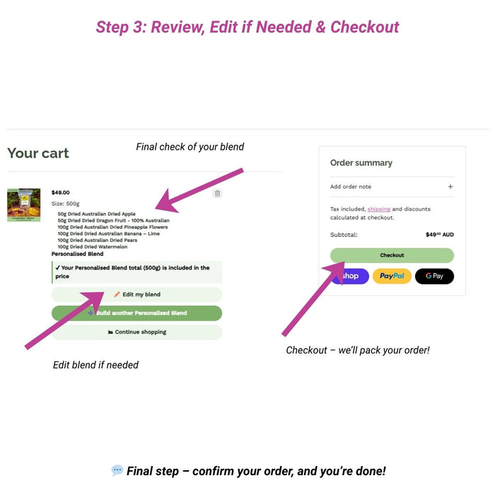Final review of your custom dried fruit blend with option to edit or proceed to checkout